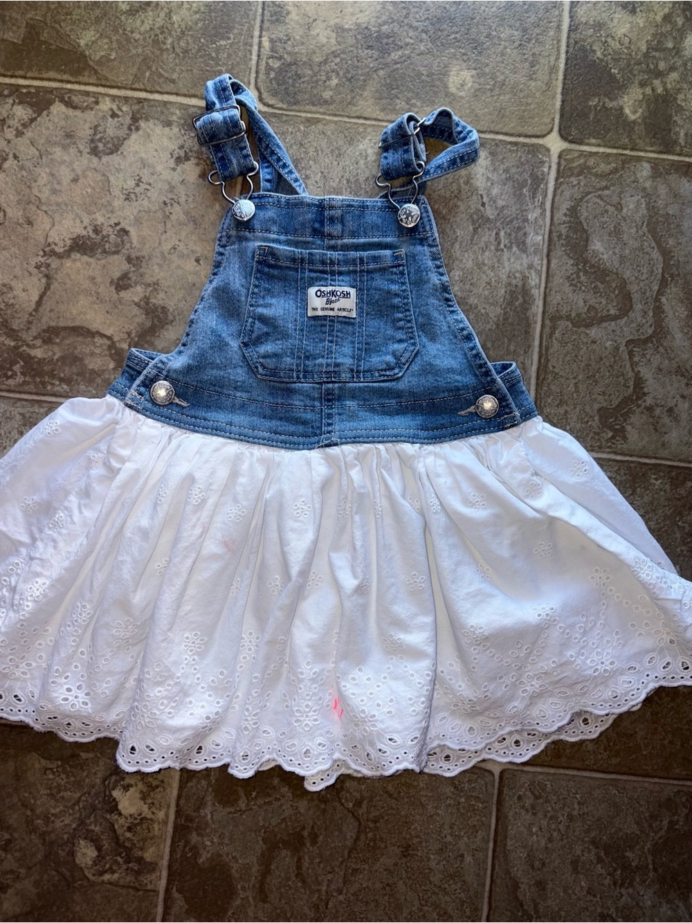 OshKosh B'gosh Denim Bib Overall Dress - Blue Denim and White Eyelet